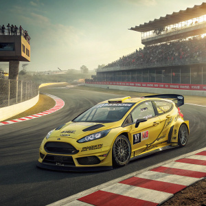 Monster Energy sponsored Ford Fiesta RS WRC in a vibrant yellow hue. Race track background.