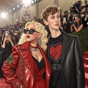 Christina Aguilera and Troye Sivan at a glamorous fashion gala. Christina in a vibrant red leather jacket, sunglasses, Troye in a black heart-shaped graphic t-shirt. Crowded with enthusiastic fans snapping pictures.