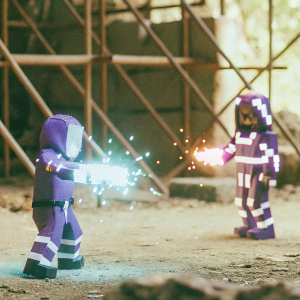Dynamic pixel art characters from a video game. Dark background with glowing effects. Purple and white color scheme.