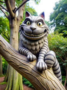 A statue of Cheshire cat sitting on a tree branch, smiling