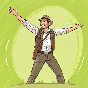 Cartoony Indiana Jones figure. Wearing khaki vest, fedora, and white shirt. Standing confidently with arms stretched wide. Background is bright green.