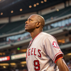 Justin Upton, MLB player, intense look. Balding, wearing Angels jersey number 9. Indoor stadium with sparse audience.
