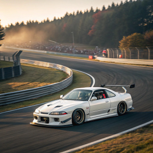 A sleek white Nissan S15 race car zooming through a winding race track, featuring a prominent racing-style rear wing extension.