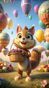 background balloons,
In the foreground is a cartoon l squirrel with a basket of sweets.  Pixar 3D
