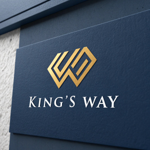 Digital graphic design for King's Way logo featuring a sleek, modern W symbol in metallic gold on a deep navy background. Simple, clean text in white.