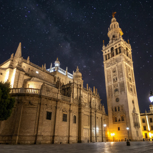 Photograph of Seville Cathedral at night. Illuminated by golden lights. Grand architecture with multiple levels, statues, and stonework visible. Taken from a low angle to highlight its majestic presence.