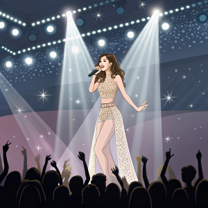 G.E.M., Chinese singer, performs at a glamorous awards show. Flashing lights, crowd cheering in the background
