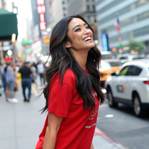 Shay Mitchell, in a candid shot, smiles broadly in a vibrant red t-shirt. A bustling city street as the backdrop.