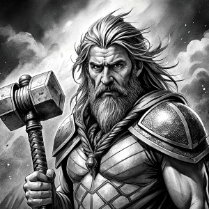 god thor with hammer perfect realistic art, high-definition, high-definition grey and black, white background 