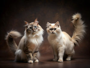 Neva Masquerade breed two cats playing in studio with dark brown background