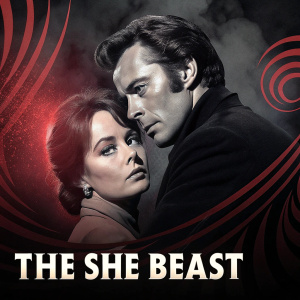 Film poster for 'The She Beast' from 1966. Barbara Steele and Ian Ogilvy in a dramatic close embrace. Dark, moody atmosphere with swirling red and black colors