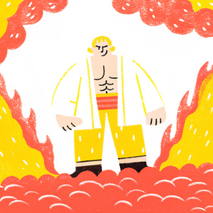 Marco, from One Piece, muscular with a bald head and spiky blonde hair, wearing casual stylish outfit. Fiery ocean background