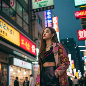 Jennie Kim from BLACKPINK at a bustling shopping district. Vibrant neon signs and advertisements surround her.