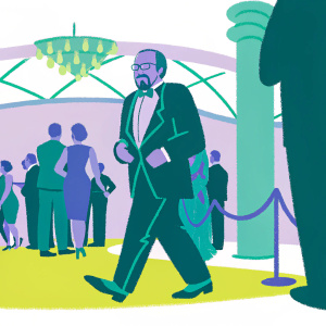 James Lipton, in a sharp black tuxedo, making his way through a crowded, glamorous after-party for the 2017 Creative Arts Emmy Awards.