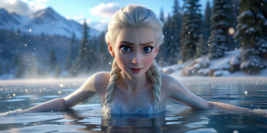 full body Elsa from Disney Live series, (detailed stunning snow environment), cinematic, cover art, full body, Elsa with snow as a background, highly detailed, smooth, sharp focus, cinematic lighting, atmospheric, ultra photoreal, 8k sharp focus, smiling, attractively athletic, surprised, swimming, lake scenery

