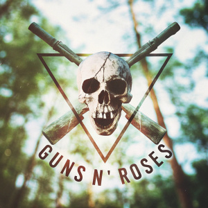 Dark, edgy logo design for rock band Guns N' Roses. Skull image with gnarled nails and cryptic symbols. The aggressive font 'Guns N' Roses' in bold letters. Gothic aesthetic with a raw, textured backdrop