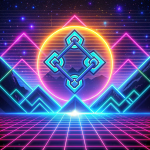 Retro 80s neon background with bitcoin symbols.
