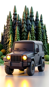 a black military, very fashionable and modern, well-equipped jeep drives through the forest at night, the car is barely visible, only the rectangular headlights shine