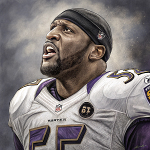Pencil drawing of Ray Lewis, former NFL linebacker for the Baltimore Ravens. Close-up, wearing football uniform, intense facial expression. Gray shades background.