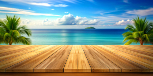 Wooden table top on blue sea