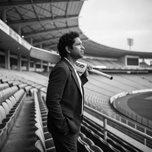 Black and white photograph of Sachin Tendulkar, cricket legend, posing solo in a quiet stadium