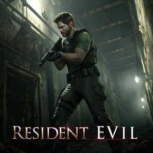 Chris Redfield standing resolutely, holding a gun. Dark, eerie environment with crumbling walls and the Resident Evil logo prominently displayed. Digital artwork