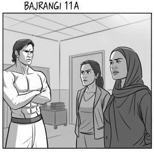 Storyboard for Bajrangi episode 11A. Black and white illustration, simple, bold lines. Muscular man and two women with determined and stern expressions. Minimalist room setting, script text included.