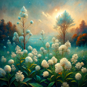 Vintage Oil Painting, Soft Colors, Stunning Babana Plants Farm, Small White Wildflowers. Photo Realistic