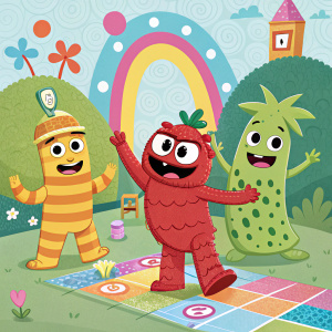 Cartoon characters from Yo Gabba Gabba!, including Muno, Foofa, and Plex. Colorful and playful poses in a vibrant, animated setting. Background features a mosaic of shapes and hues.