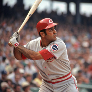 Eugenio Suarez in batting stance during live game. Wearing Cincinnati Reds uniform. Intense moment before swing. Crowd blurred, natural lighting highlights.