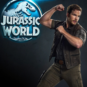 Chris Pratt in an action-packed poster. He's in a rugged outfit, muscles flexed. Dark background, with neon Jurassic World logo