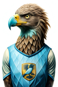 EL AGUILA CALVA PARADA DE CUERPO ENTERO, CON POLO CELESTE, PENSANDO, FONDO BLANCO