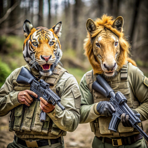 2 guy with pony and tiger heads play airsoft 