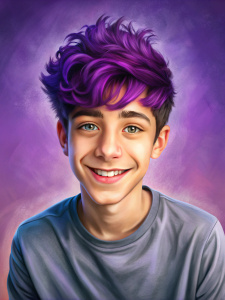 красивый парень 15 лет улыбается в камеру фиолетовые волосы в джинсах мультяшный