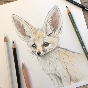 Sketch of a fennec fox, showcasing detailed fur and large ears. The drawing is surrounded by artistic tools including pencils and erasers.