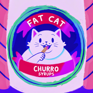 Advertisement for Fat Cat Syrups Churro flavor. A cute cartoon of a white cat. The packaging features a rustic border, similar to churro sticks. Brand name and flavor details are clearly shown.