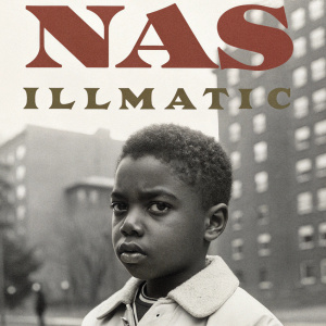 Cover art for Nas's Illmatic. Black and white photo of young African American boy with serious expression. Album title 'Nas' at top, grainy texture, blurred cityscape background. Explicit content warning label.