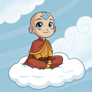 Illustration of Aang from Avatar: The Last Airbender. Blue eyes, glowing symbol on forehead. Sitting cross-legged on a cloud with a gentle smile.