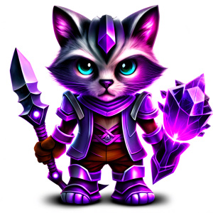 pixar cartoon design illustration anthropomorphic squinted evil eyes cat cyberpunk dressed. with violet crystals and weapon in hand. full length. big head. standing on his feet. white background 