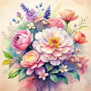 watercolor image ,Pink white Peonies Snowdrops, lobelia, clematis,salvia , carnation, Common Crape Myrtle., Ranunculus viburnum, wax flower, dandelion, geranium , watercolor , watercolor