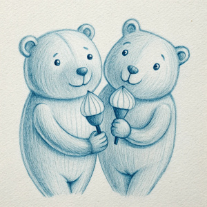 illustration of a couple of bears in love whith ice cream in flat style, ui illustration, minimalism, white and black