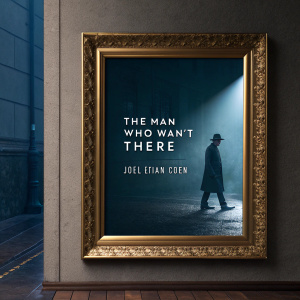 Movie poster for 'The Man Who Wasn't There' directed by Joel and Ethan Coen. Framed in ornate gold frame. Dark, moody atmosphere with a bluish tint.
