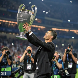 Cristiano Ronaldo at the Champions League trophy presentation. Wearing a sleek black suit, holding the trophy. Background filled with cheering fans and flashing cameras.