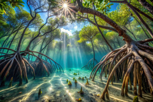 A stunning underwater view of a South American rainforest, showcasing mangrove trees with their intricate root systems submerged in crystal clear water.  The sunlight penetrates the water, highlighting the textures and details of the mangrove roots and the vibrant scales of the fishes.Photorealistic, high detail, vibrant colors, high resolution, Canon EOS R5, 35mm, f/2.0, natural light, 
