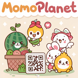 Digital illustration for MOMOplanet stickers. QR code included for download via WeChat app.