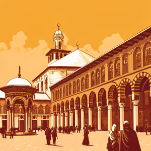 The Umayyad Mosque in Damascus, Syria. Bustling courtyard filled with people in traditional attire. Golden decorations and intricate details adorn the facade. Earthy colors with gold accents. Columns and arches visible.