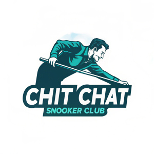 Modern logo design for Chit Chat Snooker Club. Dynamic illustration of a snooker player mid-shot. Teal and dark shades. 'Chit Chat SNOKER CLUB' text beneath. Simple, sporty, and effective color scheme.