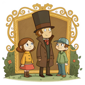Illustration of characters from 'Professor Layton' series. The tall top hat character, the concerned girl, and the casual hat boy stand in front of an ornate golden frame. Warm colors including brown, gold, and green create a whimsical and cartoonish atmosphere.