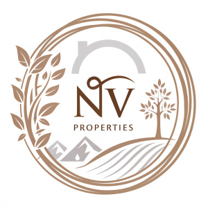 nVISION PROPERTIES logo, sleek design, circular shape with 'nv' abbreviation in center, brownish tone, sans-serif font.