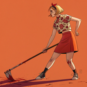 Digital art of Mandy, from 'The Grim Adventures of Billy and Mandy'. Depicting a gruesome and surrealistic scene. Mandy is wearing a floral top and a red skirt, wielding a weapon. Background is a solid orange color.